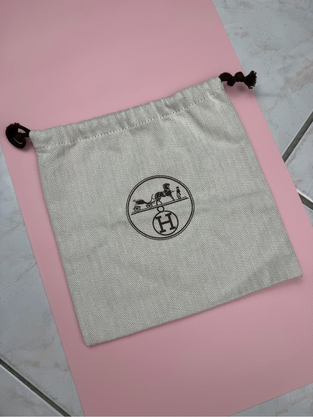 Hermes Cream Drawstring Dust Bag with Brown Logo